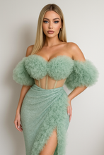 Celestia Sage Two-Piece Set – sage green tulle corset top with sequins and matching high-slit skirt