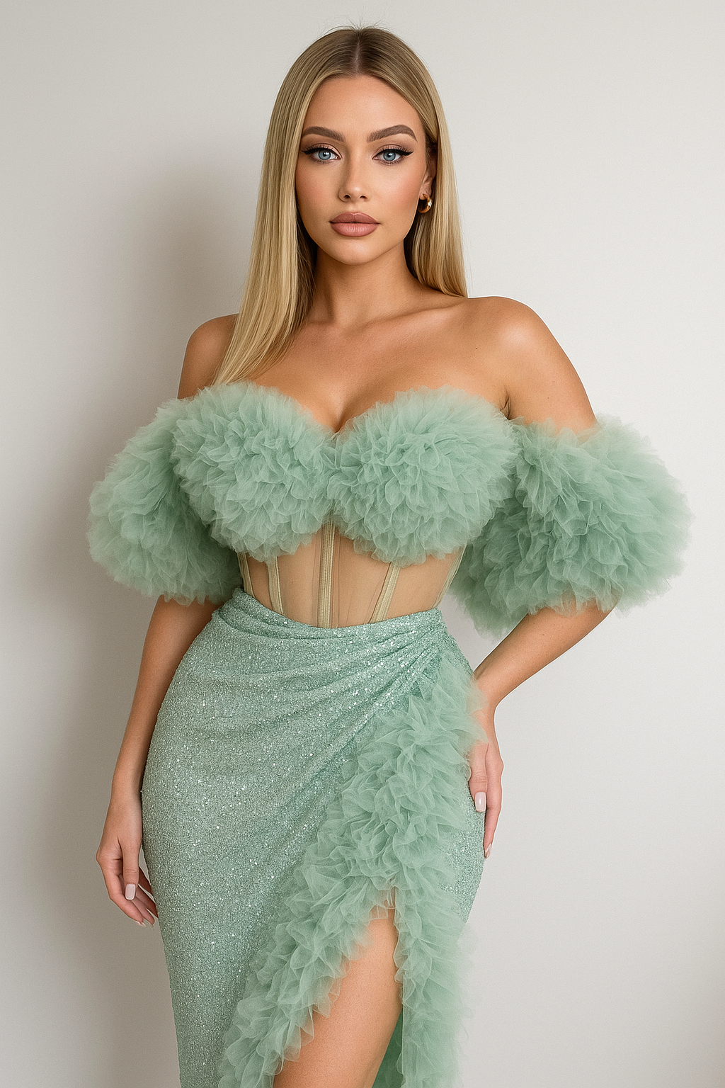 Celestia Sage Two-Piece Set – sage green tulle corset top with sequins and matching high-slit skirt