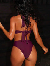 Back view of burgundy halter monokini with open tie back design, luxury one piece swimsuit