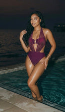 Luxury burgundy one piece swimsuit with plunging mesh detail and gold accent, Désir Améthyste Monokini front view