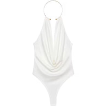 Ivory satin halter bodysuit with draped cowl neckline and sculptural metal collar detail