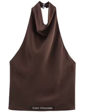 Brown satin halter top on a white background.Chocolate brown luxury satin halter top with draped front and refined fit