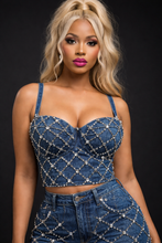 Crystal-embellished blue denim corset top with structured bust cups and adjustable straps