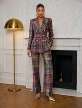 Luxury multicolor plaid women’s tailored suit set with double-breasted blazer and flared trousers