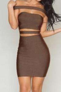 Coffee-Off shoulder Cut-out Bandage Dress