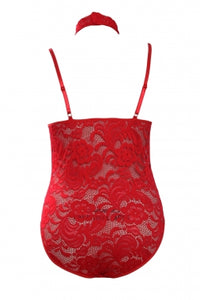 Valentine-Red Sheer Lace Choker Neck bodysuit