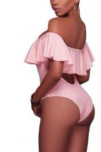 blush - Pink Ruffle off the shoulder one piece swimsuit