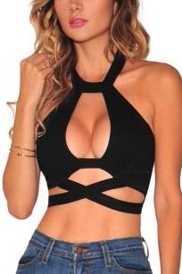 Black Crisscross Cut Out Halter Crop Top