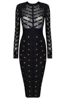 Lets Go-Black Studded Mesh Bandage Dress