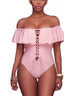 blush - Pink Ruffle off the shoulder one piece swimsuit