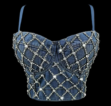 Denim corset top with rhinestone embellishments on a black background
bellarosecouture.com