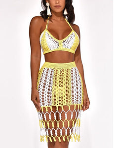 Relaxed- yellow crochet two-piece matching skirt set