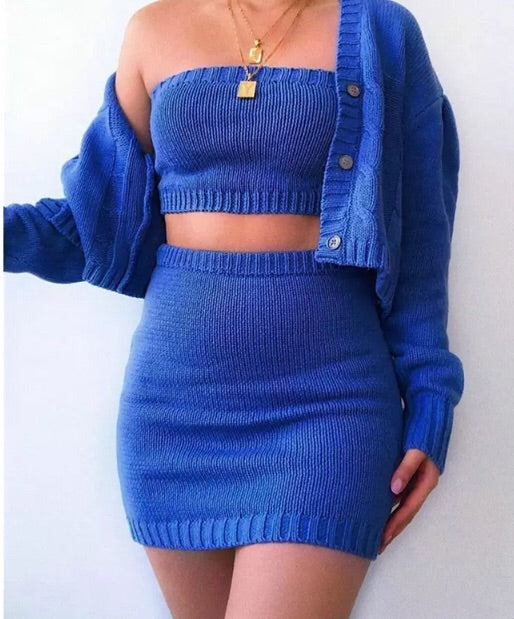 Cotton- blue 3Pcs Women Sexy Knitted Outfit set