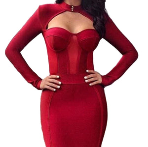 long sleeve red bandage dress Red Mini Bandage Dress for Women Sexy Knit Long Sleeve