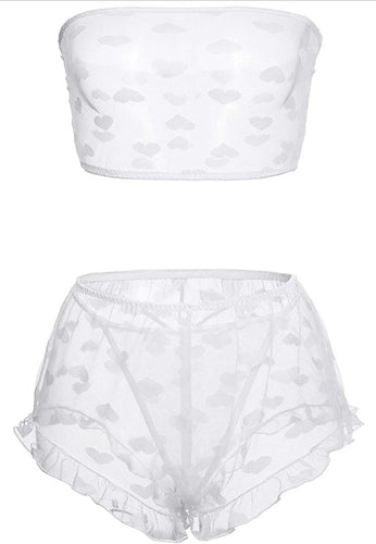 Double heart - white mesh lingerie short set
