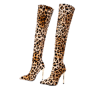 Cheetah print over the knee high heel boots