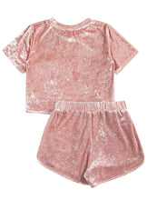 Comfy- Pink 2 Piece Outfits Velvet Crop Top Tee Shirt and Shorts