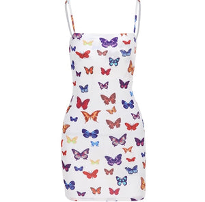 Mariah- White butterfly print mini spaghetti strap dress