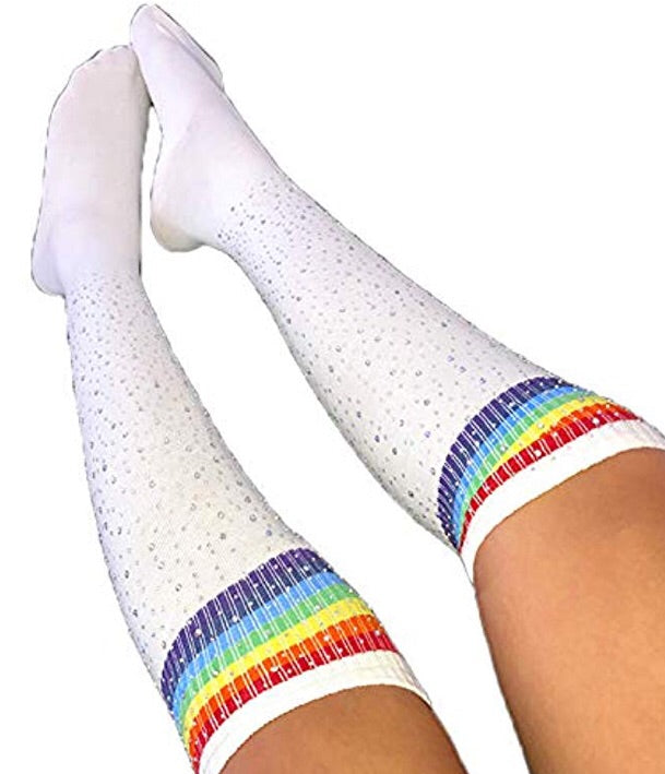 Bling 4 Me - White Rainbow over the knee bling women socks