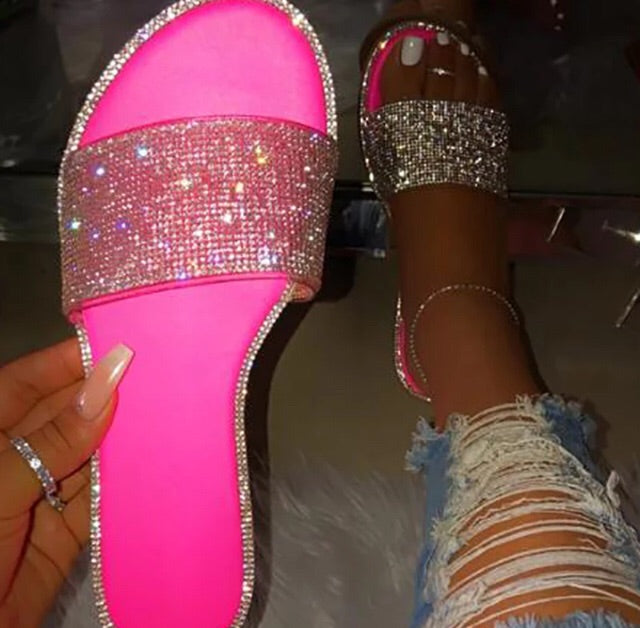 Highlight- pink bling out rhinestone slide sandals
