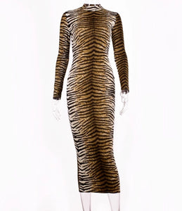 Tyler - tiger striped long sleeve maxi bodycon dress