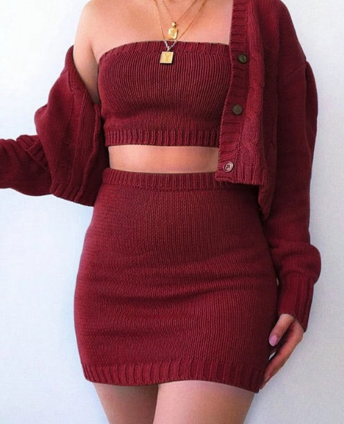 Cotton -3pc burgundy Women Sexy Knitted Outfit set