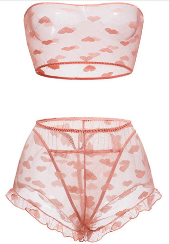 Double Heart- mesh short lingerie set peach