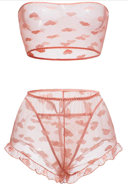 Double Heart- mesh short lingerie set peach – Bella Rose Couture