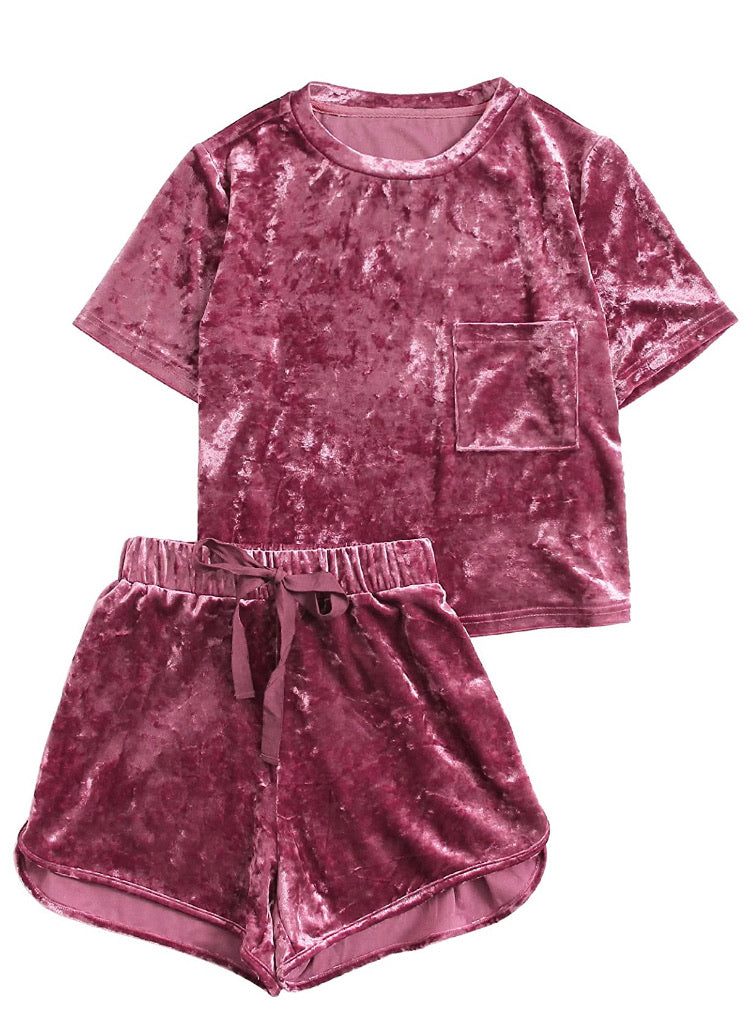 Comfy- 2 Piece Outfits Velvet Crop Top Tee Shirt and Shorts