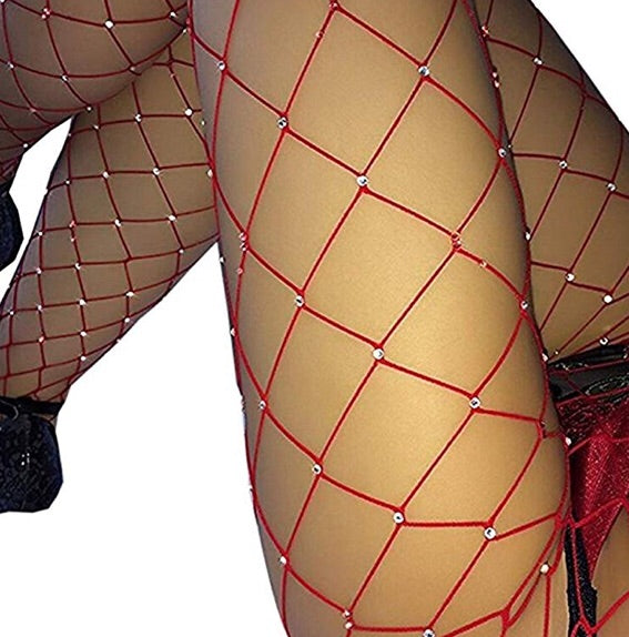 Women's Red Hollow Out Rhinestone Fishnet Pantyhose Tights