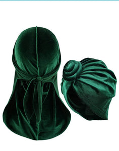 Green-Durags and Bonnets a Set for Men and Women Velvet Durag with Women Turban Cap