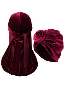 Burgundy Durags and Bonnets a Set for Men and Women Velvet Durag with Women Turban Cap