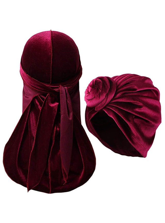 Burgundy Durags and Bonnets a Set for Men and Women Velvet Durag with Women Turban Cap