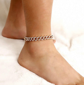 Kelise-Cuban Link Rhinestone Filled Gold Box Chain Anklet for Women