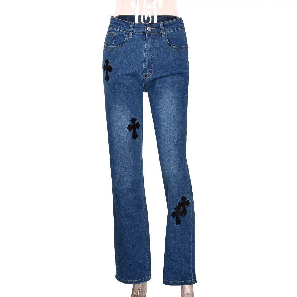 Cross stitch Y2K women blue Jeans