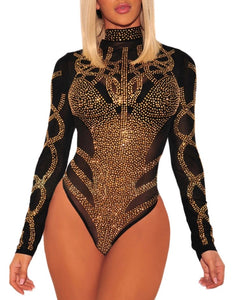 Star bright -Black Bling out Mesh  luxury Bodysuit