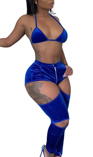 Kody-blue Women Sexy Night Club Velvet Two Piece Set